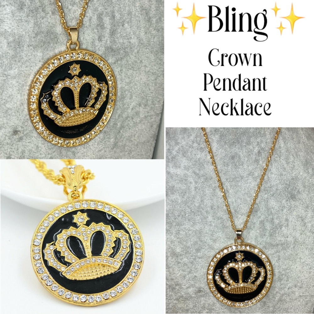 3-$15 Huge Gold Crown Pendant Banjee Girl Bling Necklace